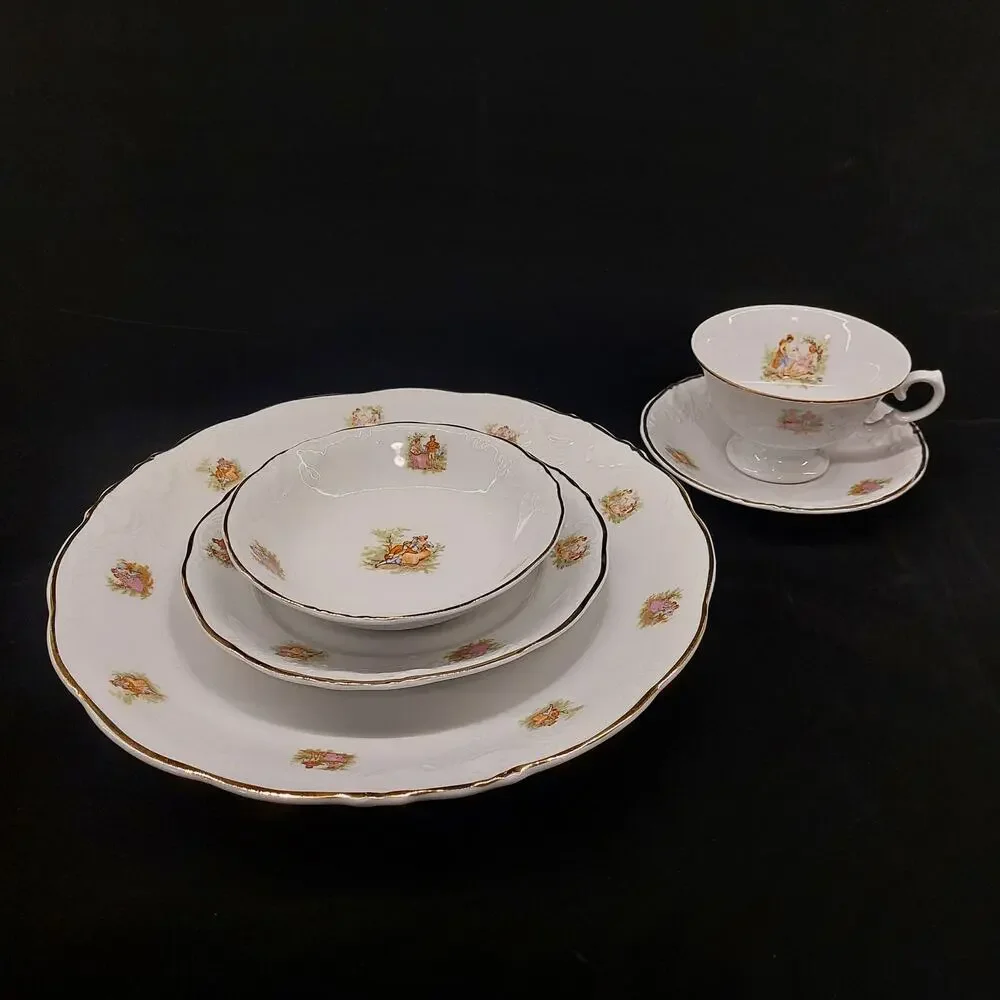Walbrzych Poland Porcelain Dinnerware 4 5-Pc Place Settings Love Scene Vintage